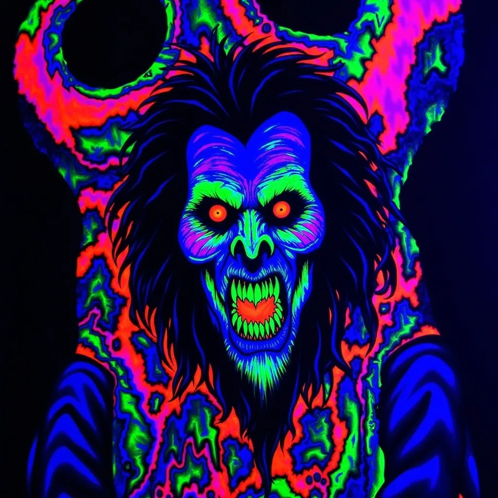 Prompt: Vampire, (black light art), haunting gaze, blood soaked, neon glow, eerie atmosphere, dark background, intricate patterns, luminescent colors, dynamic contrast, mysterious vibe, bold strokes, high detail, vivid and dramatic, surreal depictions, thick lines for emphasis, captivating presence, ethereal ambiance, glowing expressions, striking visual impact, (ultra-detailed), emphasis on shadows and highlights.