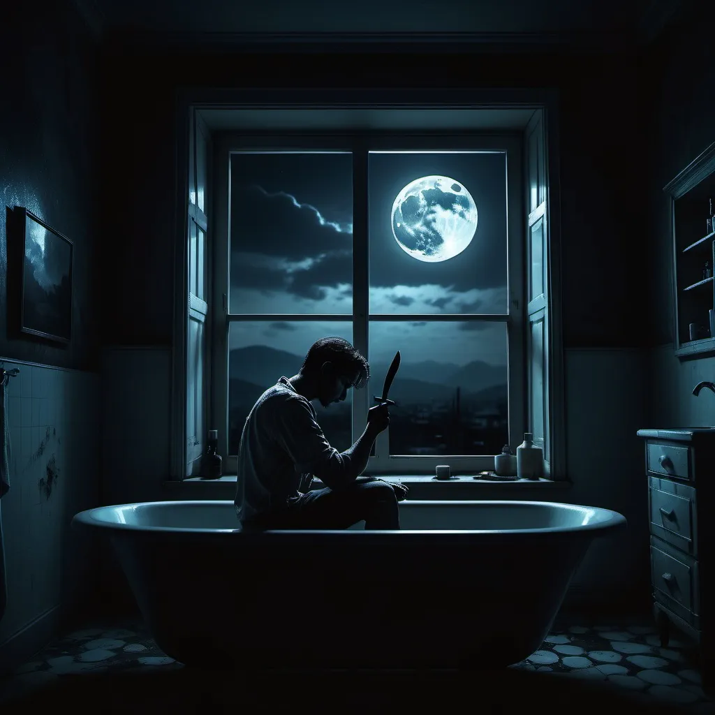 Prompt: Dark silhouette of man staring out a window in a dark room. Moonlight, full moon. Sitting in an empty bathtub, gloomy, desolate. Holding a knife.