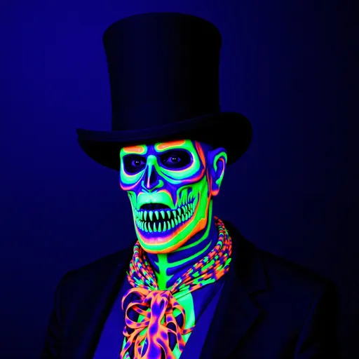 Prompt: Baron Samedi (black light art), depicted with a top hat, black tail coat, dark glasses, and cotton plugs in the nostrils, as if to resemble a corpse dressed and prepared for burial in the Haitian style. depicted as a skeleton (but sometimes as a black man that merely has his face painted as a skull