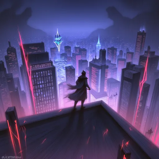 Prompt: (ninja Ryu Hayabusa), standing tall on a (hogyo rooftop), overlooking a futuristic (Japanese city), vibrant neon lights illuminating the scene, sense of (mystique) and (anticipation), ultra-detailed and vivid colors, (cinematic atmosphere), high resolution 4K quality, breathtaking blend of ancient tradition and futuristic elements, masterpiece composition capturing the essence of stealth and power.