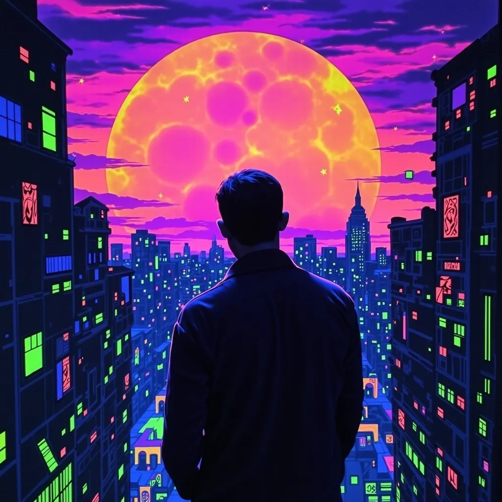 Prompt: Dark silhouette of a man facing a city. In the sky, clear and readable text says 'Finding love in a hopeless place,' black light art style with glowing, ethereal neon effects. The background shows a calm sun, with soft, warm colors fading into darker tones, creating a peaceful yet haunting atmosphere over the city.