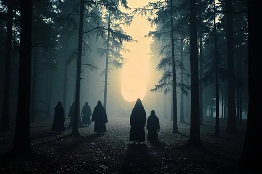 Prompt: (mystical dark forest), Black cloaked figures, gathering, shadows creeping, ethereal mist swirling, (giant glowing portal) in the distance, vibrant colors with eerie luminescence, dramatic lighting casting haunting silhouettes, (highly detailed, atmospheric), tension-filled ambiance, moonlight peeking through the dense canopy, enchanted surroundings, enchanted nature, immersive experience. Low resolution, blurry texture, vintage film, grainy overlay.