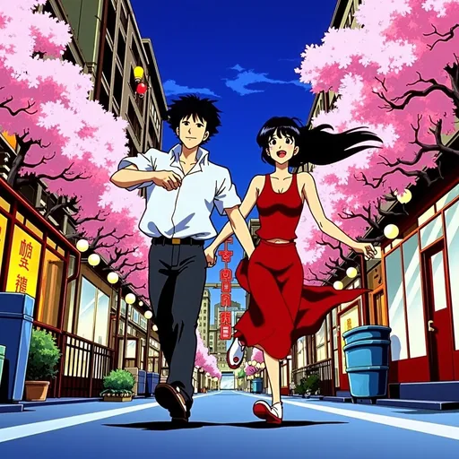 Prompt: Couple running (holding hands), vibrant Japanese cityscape, cherry blossoms in bloom, traditional architecture, colorful lanterns, neon lights illuminating the streets, warm evening glow, energetic motion, joyful expressions, delighted ambiance, captivating details, high resolution, ultra-detailed, engaging atmosphere.