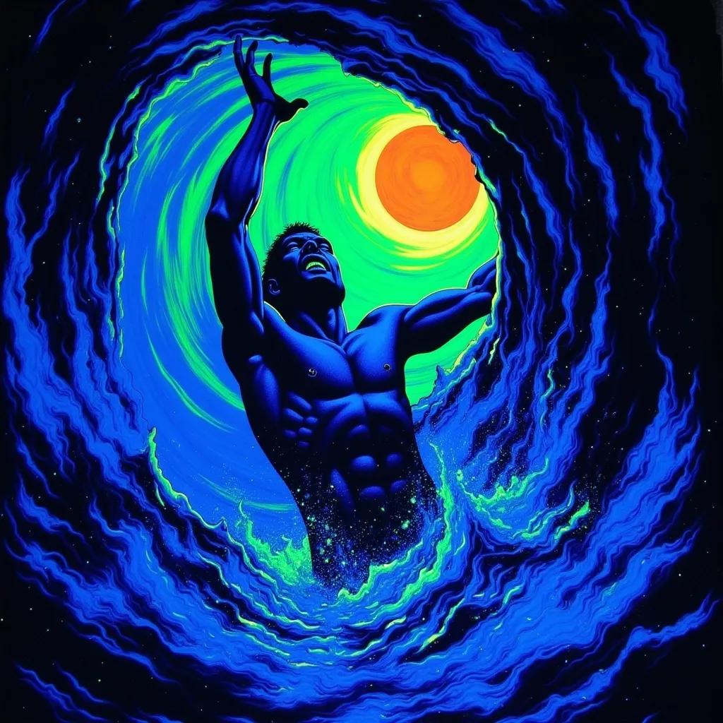 Prompt: Man sinking into a vortex, (half body), arms raised, (panicked expression), swirling dark waters, chaotic motion around him, shadows deepening, (intense colors), dramatic lighting illuminating his face, spiraling energies surrounding him, claustrophobic atmosphere, (4K ultra-detailed), high tension and desperation in the scene, impending doom evident with tumultuous waves crashing around.