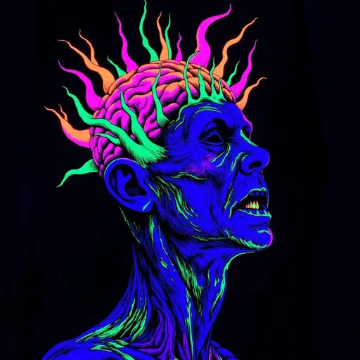 Prompt: Man exposed brain (black light art)