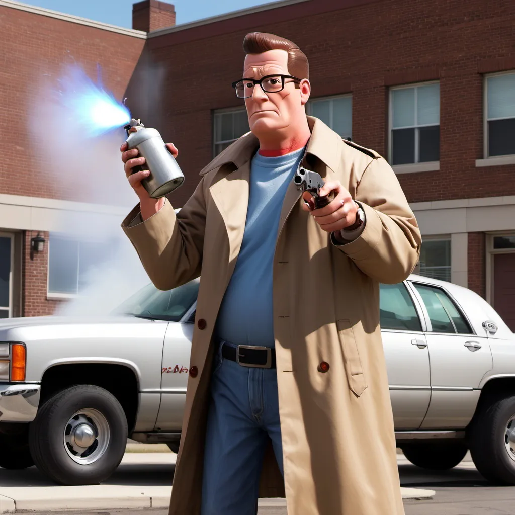 Prompt: Hank Hill in a trench coat throwing propane at cars.