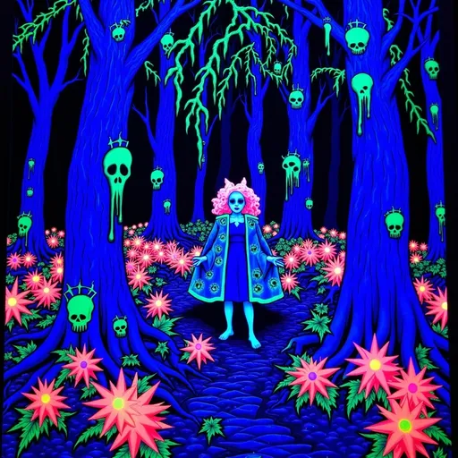 Prompt: (A woman in the woods),(black light) (Ambreen), blue skin, pink hair, blue tail, furry art style, ultra-detailed fantasy, ethereal holographic effect, vibrant colors, enchanting forest background, whimsical atmosphere, intricate patterns in foliage, captivating light play, 4K resolution.