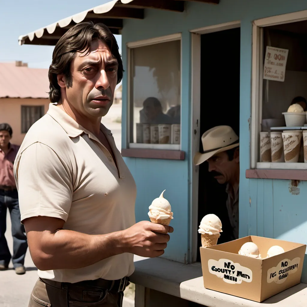 Prompt: No country for old men. Javier Ángel Encinas Bardem. Selling ice cream.