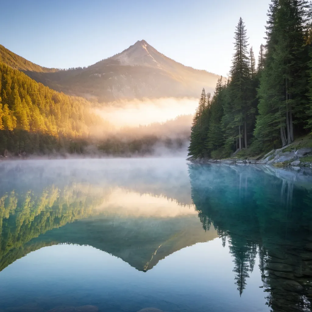 Prompt: A serene mountain lake at sunrise with mist rising from the water and trees reflecting on the surface.