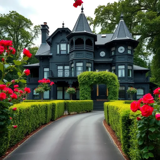 Prompt: Three story Black victorian style mansion red roses surrounding the building. Victorian style turret attached to the house. Long driveway with hedge tunnel.