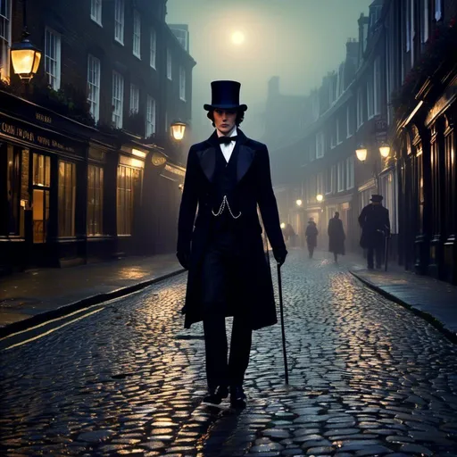 Prompt: <mymodel>(mymodel) man wearing top hat and wielding a cane and a knife, walking through old London streets, dark and mysterious atmosphere, moonlit night casting soft silvery light, cobblestone pathways reflecting faint glow, smoky fog swirling around historic buildings, dramatic shadows, high quality, cinematic depth, enchanting and eerie mood, capturing the essence of Victorian elegance.