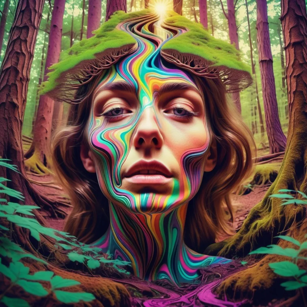 Prompt: Psychedelic, woman face melting, woodland setting, winding together.