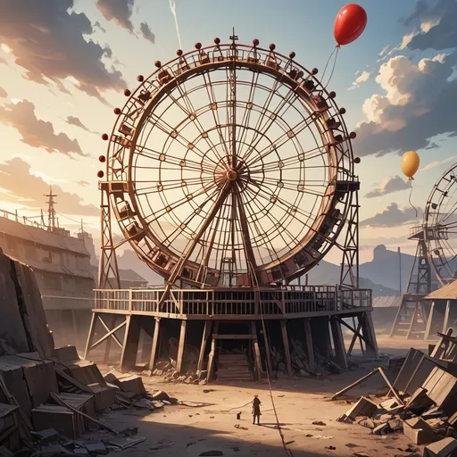 Prompt: "A vast, abandoned carnival at twilight, where the golden hour light casts long shadows over broken rides and peeling paint. In the center, a rusted Ferris wheel stands still, its once bright lights now flickering weakly. A lone child’s balloon, untethered, floats slowly upward, its red hue vivid against the fading sky. The air feels thick with nostalgia, tinged with melancholy, as the echoes of forgotten laughter seem to hang in the air. There’s a sense of both loss and longing—beauty in the decay, and the remnants of joy caught in time, forever unreachable."