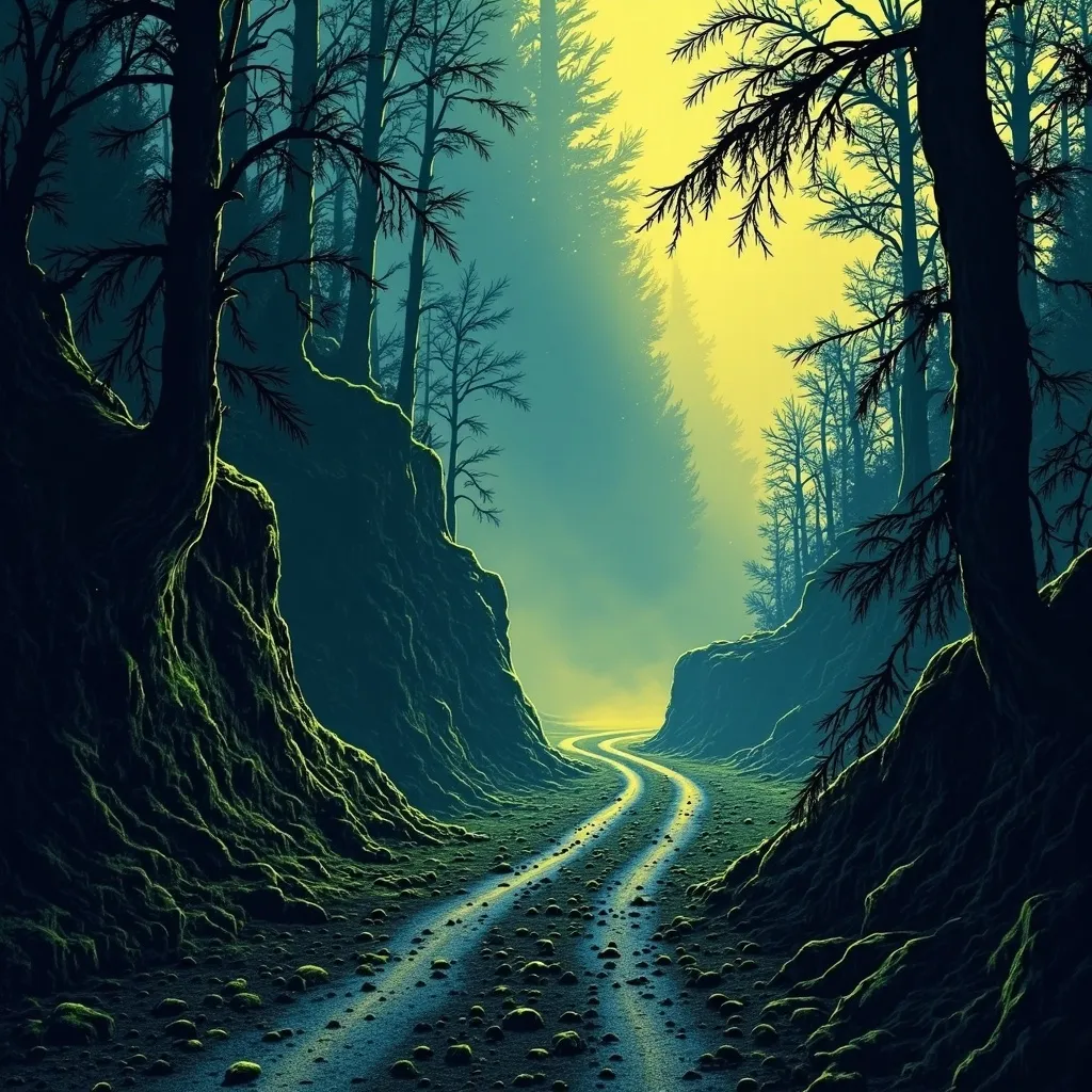 Prompt: (accurately spelled text "Im running towards nothing"), a dirt road winding through a dense, shadowy forest, leading dramatically off a steep cliff, mist enveloping the background, eerie atmosphere, soft golden light filtering through the trees, high-quality, ultra-detailed scene, conveying a sense of urgency and loneliness, deep textures in the earth, nature's raw beauty contrasting with the emptiness ahead.