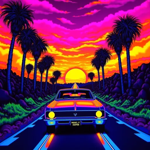 Prompt: (accurately spelled text "Make it happen"), 1970s Nova SS, retro-wave aesthetic, cruising down a sunset-lit road, vibrant hues of orange and pink, nostalgic ambiance, cool retro styling, sun dipping below the horizon, palm trees lining the road, ultra-detailed, 4K resolution, capturing the spirit of freedom and adventure, dynamic sky filled with gradient colors.