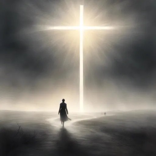 Prompt: <mymodel>(dark silhouette of person walking towards a cross), (dreamlike atmosphere), mysterious background, dynamic lighting, cascading ray beams illuminating the scene, ethereal glow surrounding the cross, deep shadows creating a sense of intrigue, soft gradients blending into vibrant tones, 4K resolution for ultra-detailed imagery, captivating and surreal ambiance.