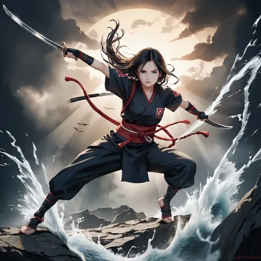 Prompt: Samurai cutting a ninja in half, (dramatic action scene), (splashes of blood flying into the air), detailed katana motif, intense expressions, dynamic poses, contrasting colors of red and black, cinematic lighting, (ultra-detailed), immersive atmosphere, charged energy, ominous mood, vivid motion portrayal.