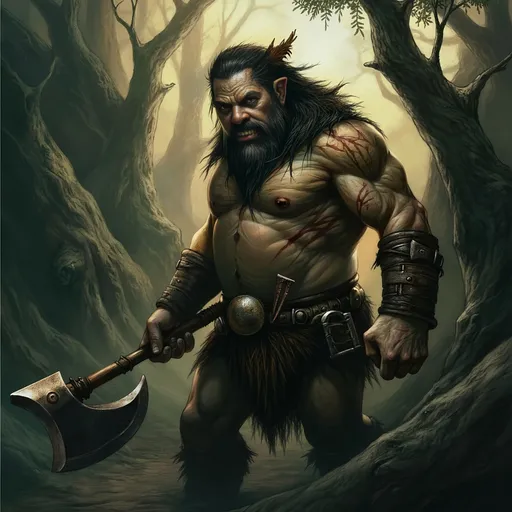 Prompt: barbarian holding a two-handed axe, (muscular and fierce expression), strong physique, wild hair and beard, leather armor with fur and rugged details, antique battle scars on skin, (dramatic posture), forest backdrop with ancient trees, shafts of sunlight piercing through foliage, atmospheric and action-packed mood, (dynamic composition), ultra-detailed, high-quality 4K resolution.