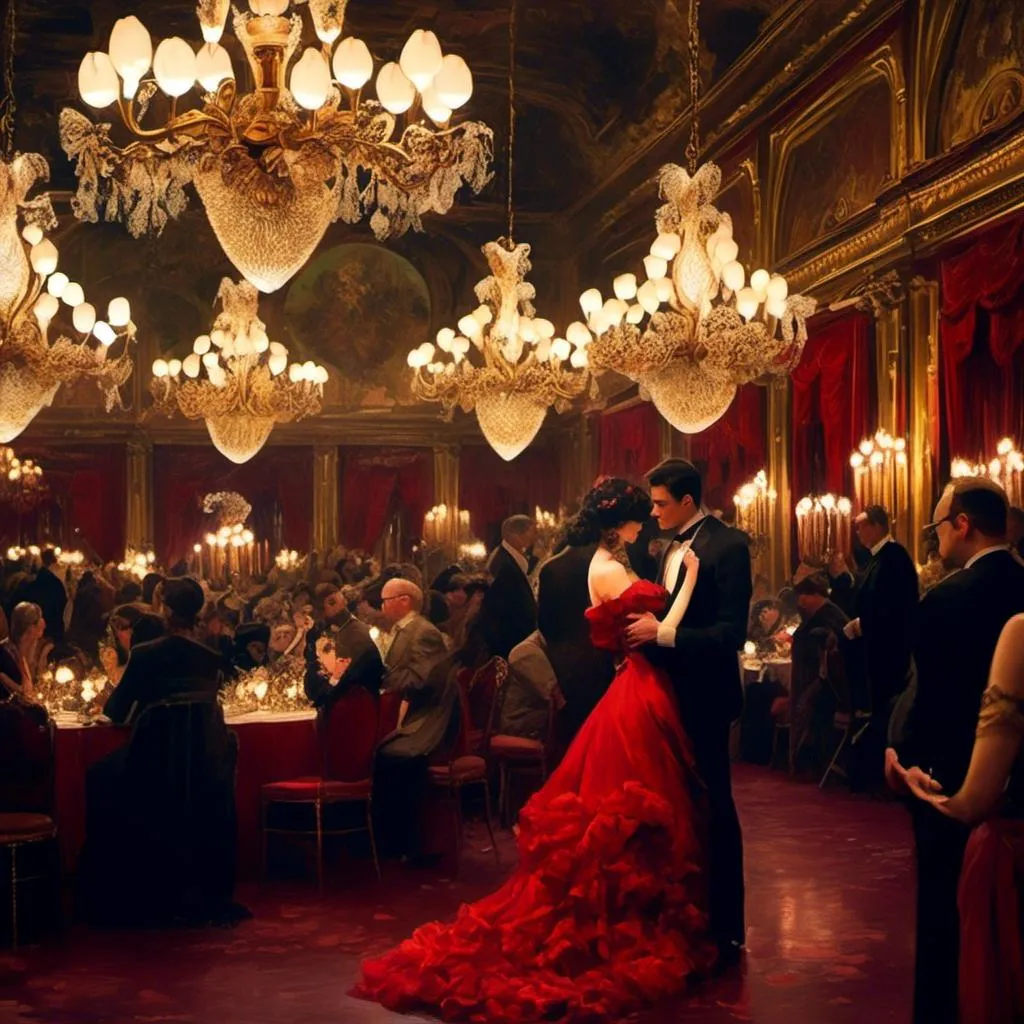 Prompt: <mymodel>Victorian style ball, (masquerade), elegant people dancing, ornate masks, festive atmosphere, (grand orchestra), exquisite ballroom, opulent chandeliers, rich color palette of deep reds and golds, (highly detailed), textured fabrics, intricate patterns on gowns and suits, luxurious furnishings, soft candlelight flickering, (4K) quality, enchanting ambiance.