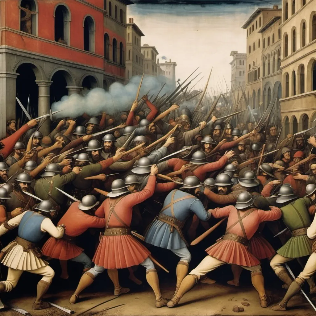 Prompt: Gangs of New York. Battle scene by Giotto di Bondone