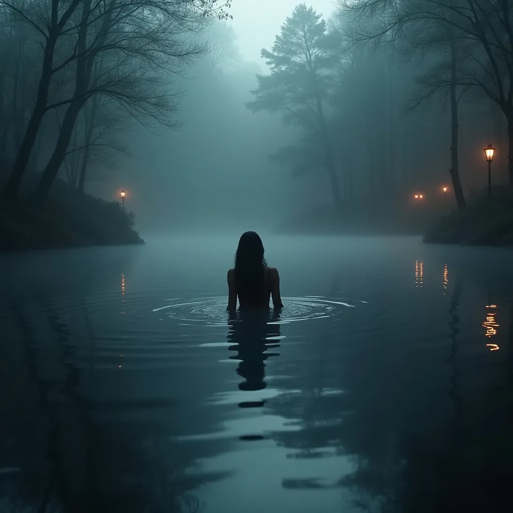 Prompt: Dark silhouette of woman swimming in a misty lake. In a mythical forest, glowing water, glowing vegetation and trees.