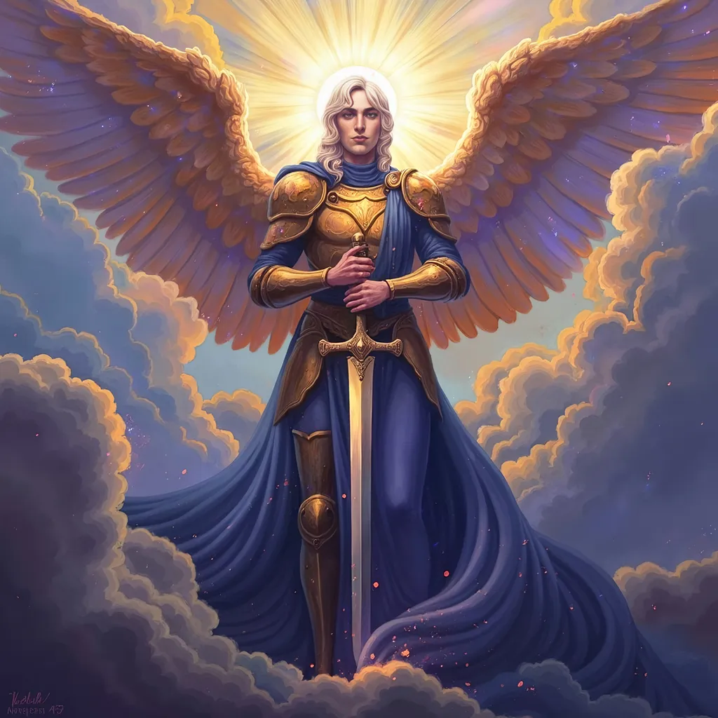 Prompt: Saint Michael the Archangel, (majestic stance), clad in resplendent armor, wielding a gleaming sword, surrounded by ethereal light, powerful wings unfurled, dramatic clouds behind him, (celestial aura), radiant colors with vivid contrasts, uplifting atmosphere, conveying strength and protection, ultra-detailed, high quality, 4K resolution, dynamic and inspiring ambiance. Masterpiece quality, anatomically accurate.