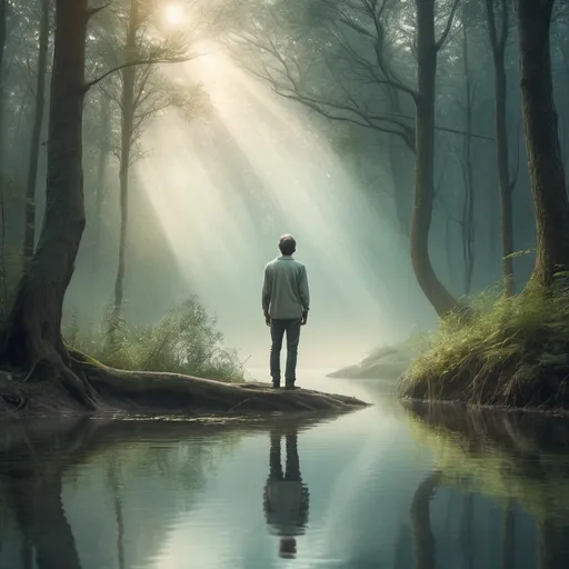 Prompt: (Man wondering around a forest), ethereal atmosphere, melancholic, mystical scenery, dreamlike landscape, soft (mute colors), intricate details, surreal elements, reflections on water, faded memories, enchanting light rays, wavy contours, sense of longing and isolation, high resolution, ultra-detailed composition.