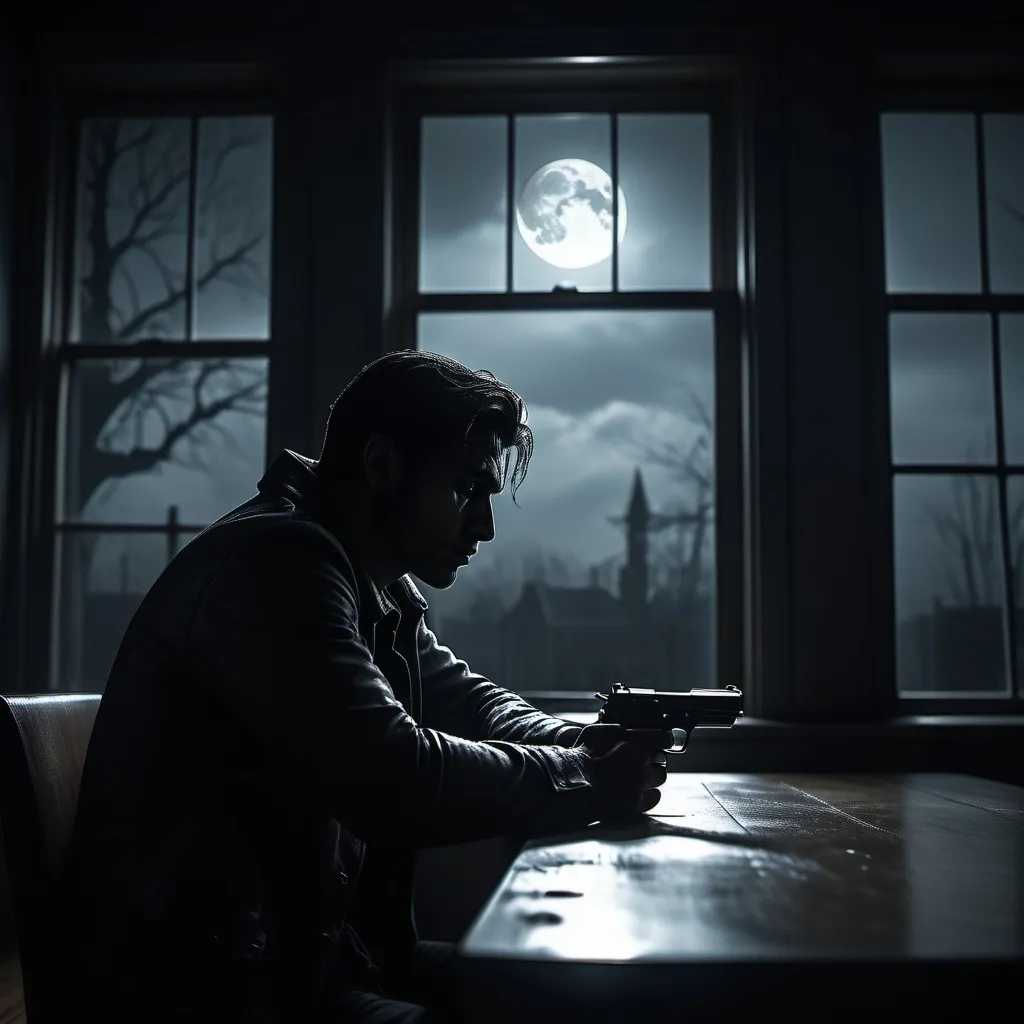 Prompt: Dark silhouette of man staring out a window in a dark room. Moonlight, full moon. Sitting at a table, sad, gloomy, desolate. Gun lying in front of him on the table.