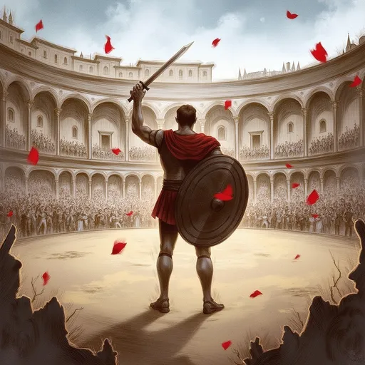 Prompt: Gladiator standing at the center of a colosseum. His hands raised with weapon and shield, crowd throwing roses around him.