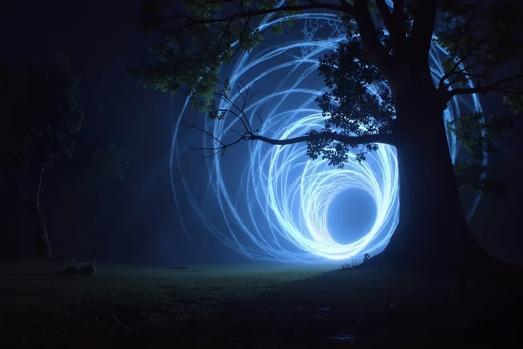 Prompt: (Giant void swirling with magical light on the under a tree), deep pit vortex, glowing neon colors, dark exterior, mysterious ambiance, energetic and ethereal light patterns swirling, grainy texture, low resolution for a vintage aesthetic, a surreal dream-like atmosphere. Capture the essence of magic and depth in this captivating scene.