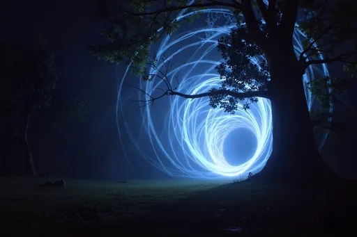 Prompt: (Giant void swirling with magical light on the under a tree), deep pit vortex, glowing neon colors, dark exterior, mysterious ambiance, energetic and ethereal light patterns swirling, grainy texture, low resolution for a vintage aesthetic, a surreal dream-like atmosphere. Capture the essence of magic and depth in this captivating scene.