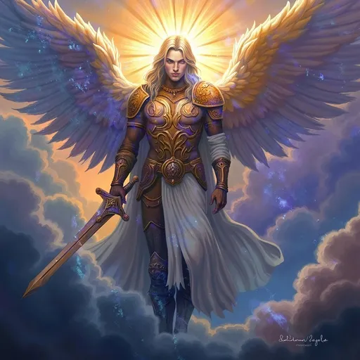 Prompt: Saint Michael the Archangel, (majestic stance), clad in resplendent armor, wielding a gleaming sword, surrounded by ethereal light, powerful wings unfurled, dramatic clouds behind him, (celestial aura), radiant colors with vivid contrasts, uplifting atmosphere, conveying strength and protection, ultra-detailed, high quality, 4K resolution, dynamic and inspiring ambiance. Masterpiece quality, anatomically accurate.