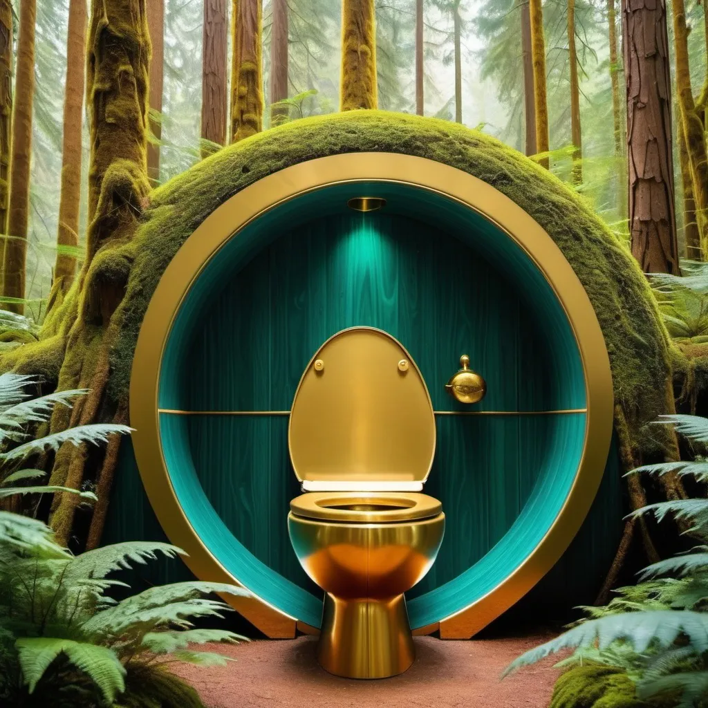 Prompt: The most breathtaking mythical forest magical never before seen by human eyes. With a golden plated futuristic toilet.