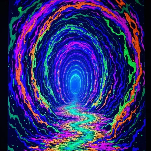 Prompt: (Giant void swirling with magical light), deep pit vortex, glowing neon colors, dark exterior, mysterious ambiance, energetic and ethereal light patterns swirling, grainy texture, low resolution for a vintage aesthetic, a surreal dream-like atmosphere. Capture the essence of magic and depth in this captivating scene.