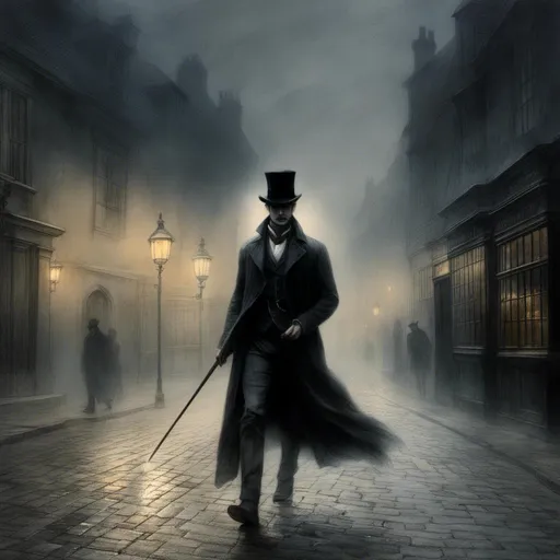 Prompt: <mymodel>(mymodel) man wearing top hat and wielding a cane and a knife, walking through old London streets, dark and mysterious atmosphere, moonlit night casting soft silvery light, cobblestone pathways reflecting faint glow, smoky fog swirling around historic buildings, dramatic shadows, high quality, cinematic depth, enchanting and eerie mood, capturing the essence of Victorian elegance.