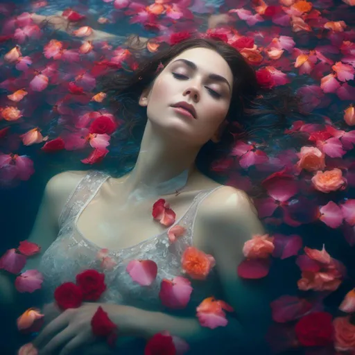 Prompt: <mymodel>(mymodel) woman submerged in crystal-clear water, looking upwards with serene expression, surrounded by vibrant rose petals drifting gracefully, soft diffused lighting casting gentle reflections, dreamy atmosphere, tranquil vibes, slight ripples creating mesmerizing patterns in the water, ultra-detailed, 4K, cinematic quality, ethereal beauty, poetic and romantic setting.