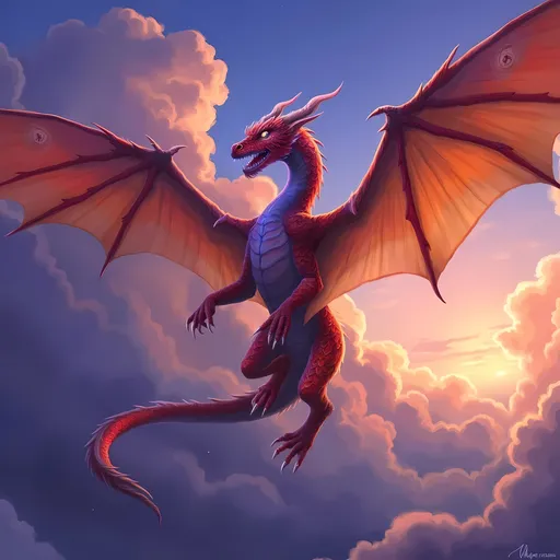 Prompt: (majestic dragon), vibrant scales with shimmering hues, intricate details and powerful wings, soaring through a dramatic sunset sky, creating a sense of awe, striking background with swirling clouds, richly saturated colors, ultra-detailed, mythic atmosphere, high-quality, cinematic ambiance, impressive artwork suitable for epic fantasy themes.