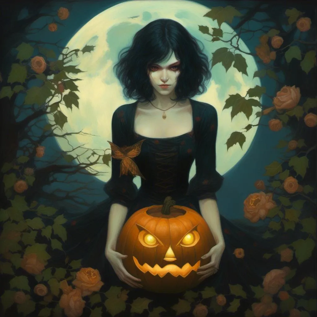 Prompt: <mymodel> (Horror theme) witch, glowing tattoos, golden eyes. Crouching holding a jack o lantern