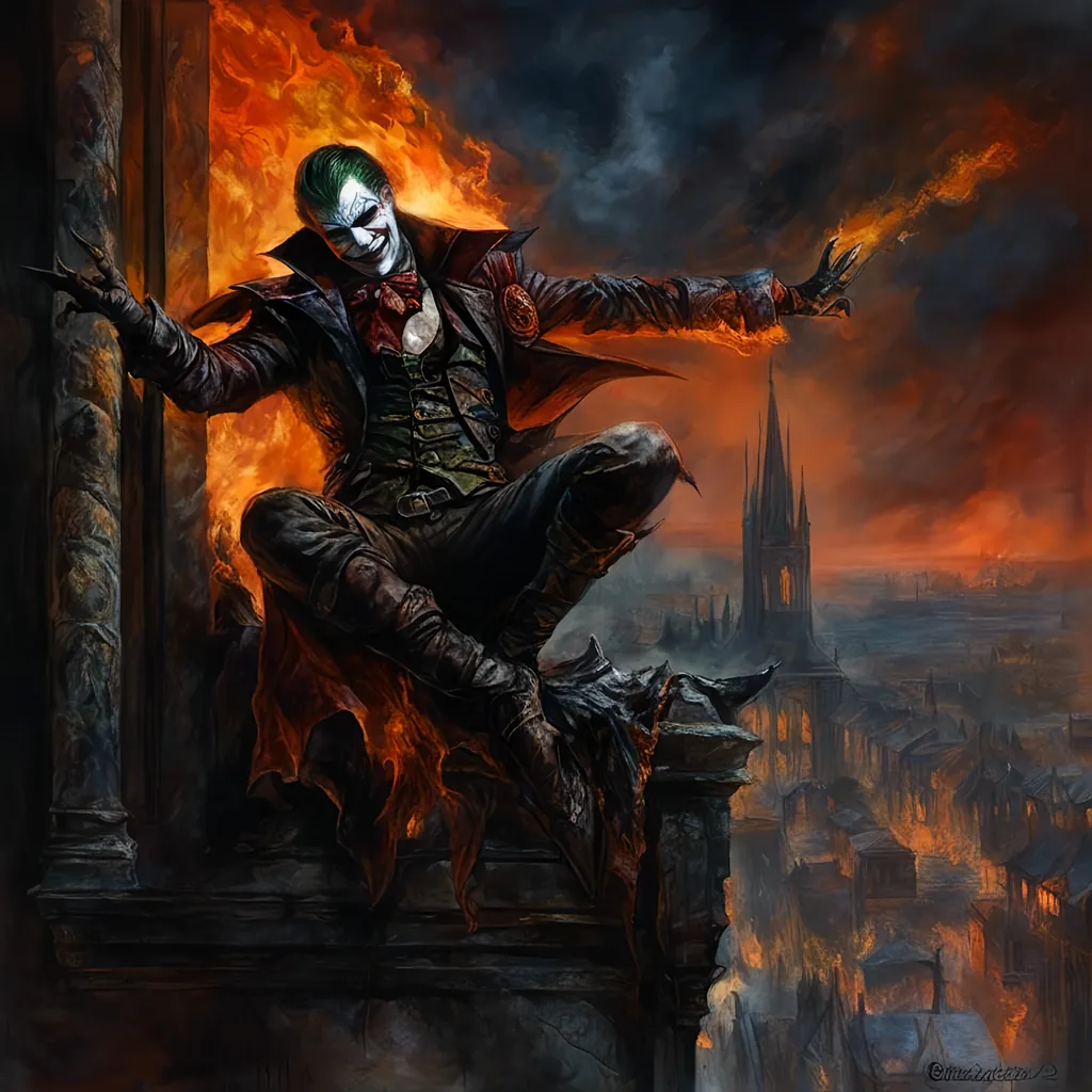 Prompt: <mymodel>(mymodel) joker from (DC Batman). perched on a window, hands in the air in triumph, gazing into a fiery cityscape, flames illuminated against a dark sky, dramatic tones, vivid reds and oranges, smoke swirling in the air, high detail, moody atmosphere, urban environment, nighttime, powerful contrast, cinematic lighting, ultra-detailed, surreal and intense emotional vibe.