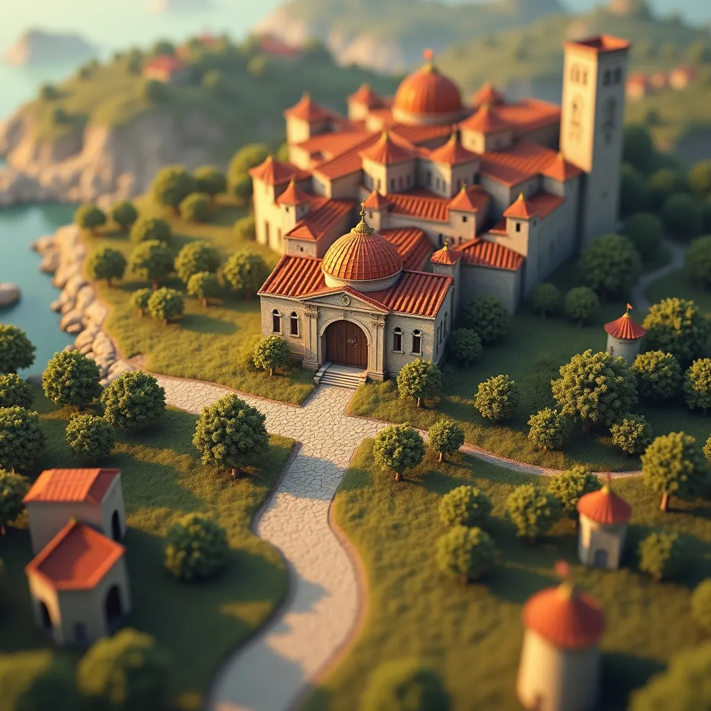 Prompt: aerial view, tilt-shift, isometric miniature world, detailed landscape world render of the holy crusades