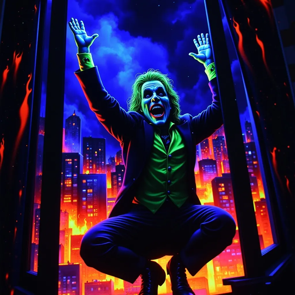 Prompt: joker from (DC Batman). perched on a window, hands in the air in triumph, gazing into a fiery cityscape, flames illuminated against a dark sky, dramatic tones, vivid reds and oranges, smoke swirling in the air, high detail, moody atmosphere, urban environment, nighttime, powerful contrast, cinematic lighting, ultra-detailed, surreal and intense emotional vibe. (Black light art)