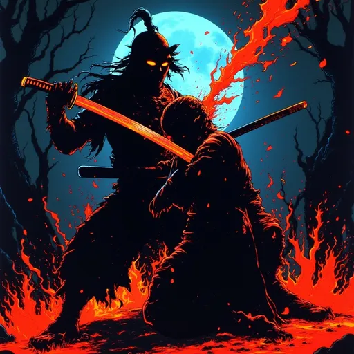 Prompt: Samurai cutting a ninja in half with a katana. Blood spray into the air.