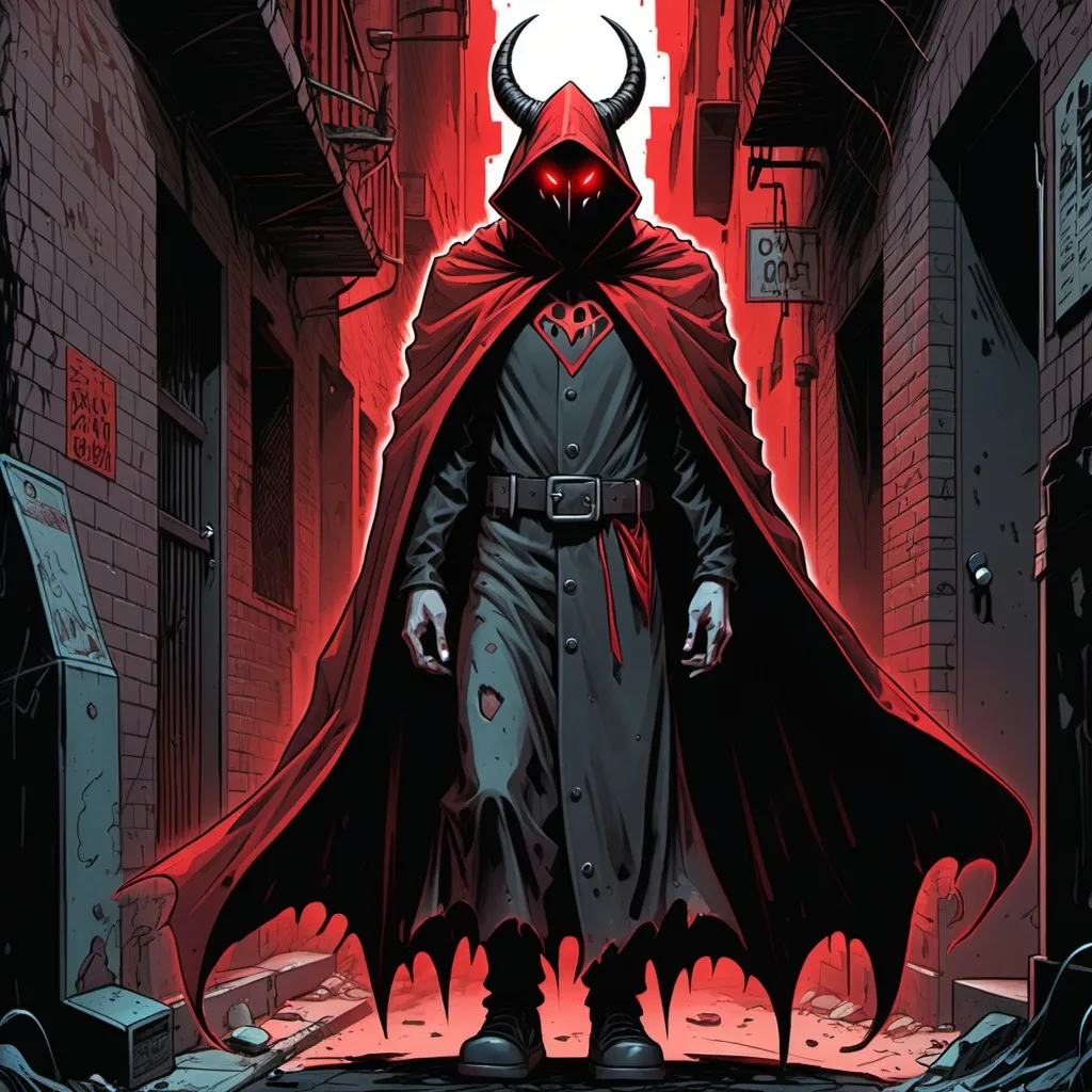 Prompt: Cloaked figure horns glowing red eyes red claws tattered cape anti-hero. Dark alleyway, detailed, dark colors, dramatic, graphic novel illustration,  2d shaded retro comic book