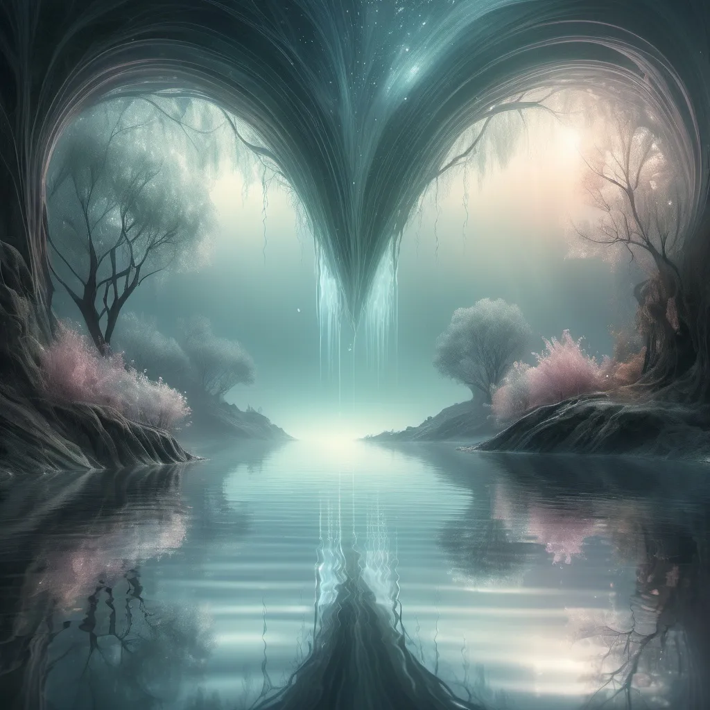 Prompt: (phrase “Does love exist in this world?”), ethereal atmosphere, melancholic, mystical scenery, dreamlike landscape, soft (mute colors), intricate details, surreal elements, reflections on water, faded memories, enchanting light rays, wavy contours, sense of longing and isolation, high resolution, ultra-detailed composition.