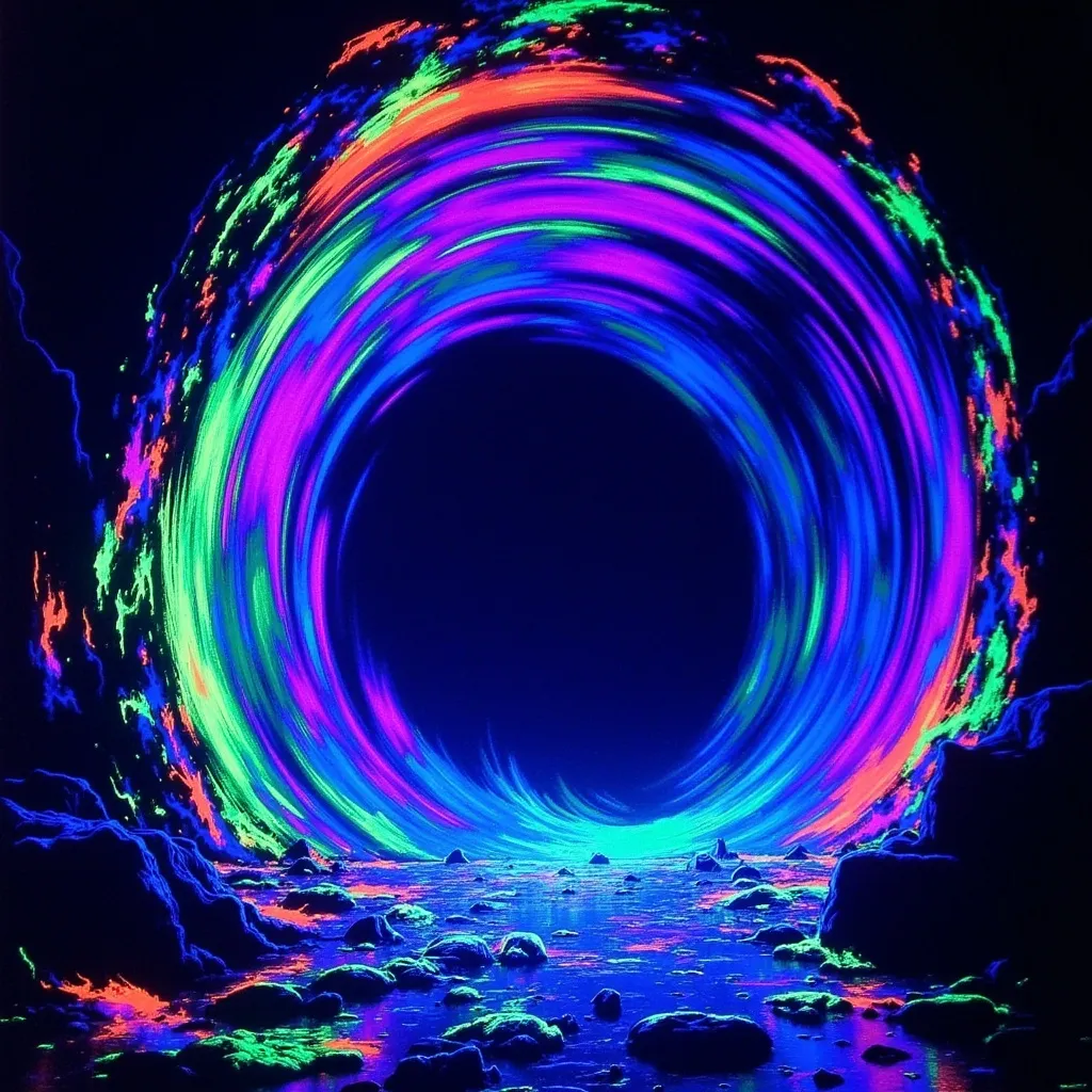 Prompt: (Giant void swirling with magical light), deep pit vortex, glowing neon colors, dark exterior, mysterious ambiance, energetic and ethereal light patterns swirling, grainy texture, low resolution for a vintage aesthetic, a surreal dream-like atmosphere. Capture the essence of magic and depth in this captivating scene. (Black light art)