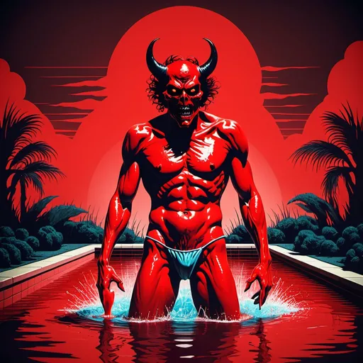 Prompt: Retro art 80s, red demon rising from pool of blood. Horror theme