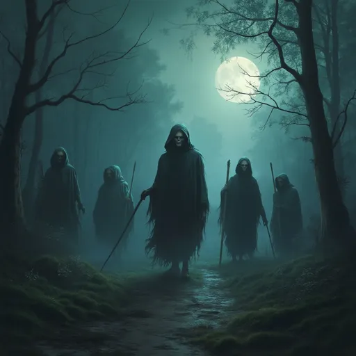 Prompt: Army of ghouls, phantoms, monsters, demons roaming. Dark forest, moonlit, deep fog, mythical forest.