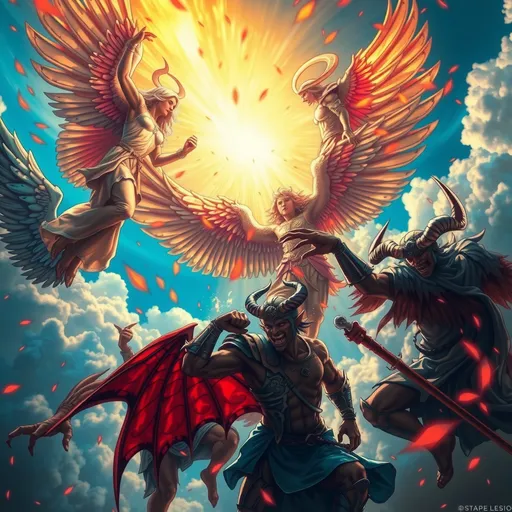 Prompt: (dramatic scene) War between angels and demons, (heavenly light illuminating) an intense sky battle, (dynamic energy) fierce wings clashing, (emotional tension) evoking conflict, (vibrant colors), vivid blues and fiery reds, (background) swirling clouds, (high contrast) angels in radiant armor, demons shrouded in shadows, detailed expressions of determination and rage, (HD) ultra-detailed.