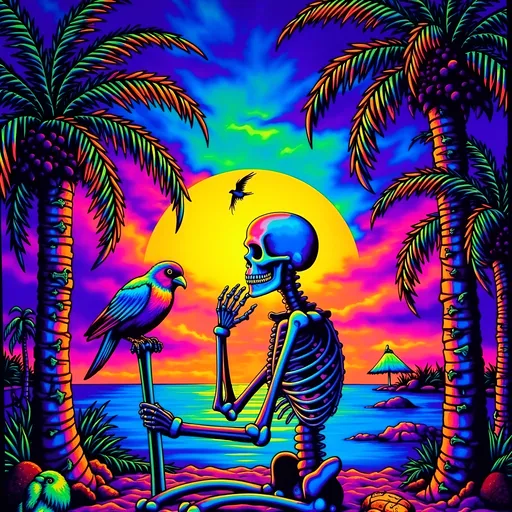 Prompt: (accurately spelled text "Memento Mori / Memento Viviere"), intricately detailed skeleton, deeply contemplative pose, surrounded by vibrant birds, lush palm trees framing the scene, stunning sunset casting warm golden and rich purple hues, serene yet ambiance, soft, cinematic lighting, ultra-detailed, high-resolution, capturing the juxtaposition of life and death.