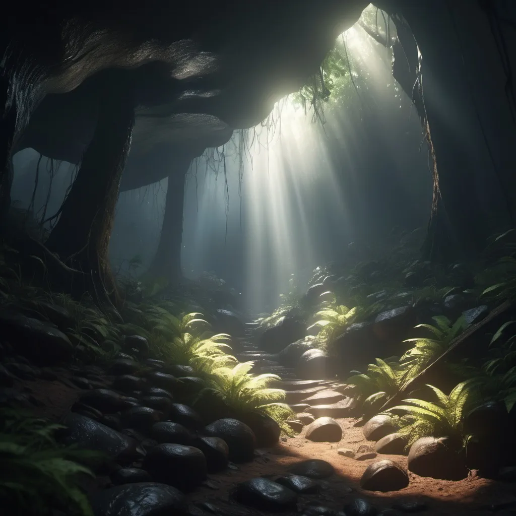 Prompt: Sunlight cascading across heavily wooded area, dark ground, misty, wondrous, magical, large deep hole, cavernous ,multiple biomes, glowing light. 4k high-definition, photorealism.